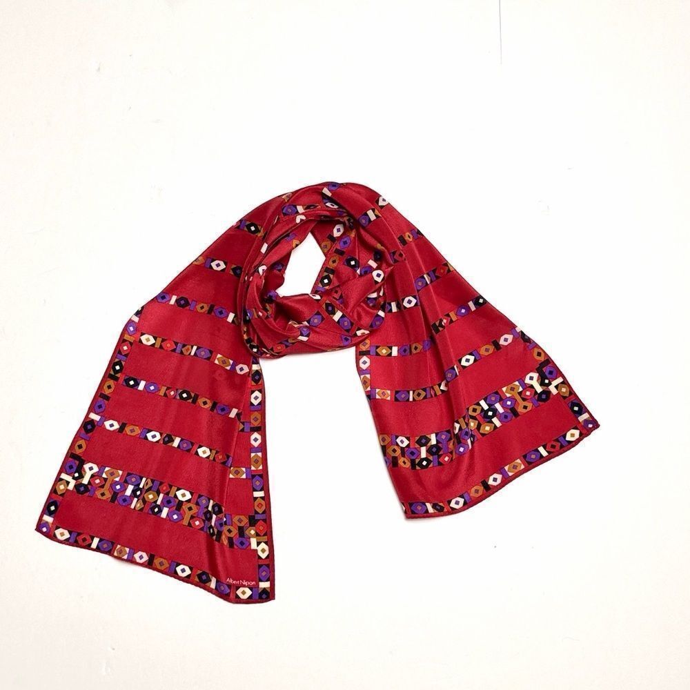 Albert Nipon Red Silk Scarf Rectangle 51x10,5" made in Japan Vintage